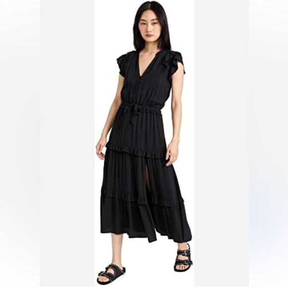 PAIGE Rozlyn Dress black maxi rayon cap sleeves ruffle tie button side slit xs - Picture 1 of 10
